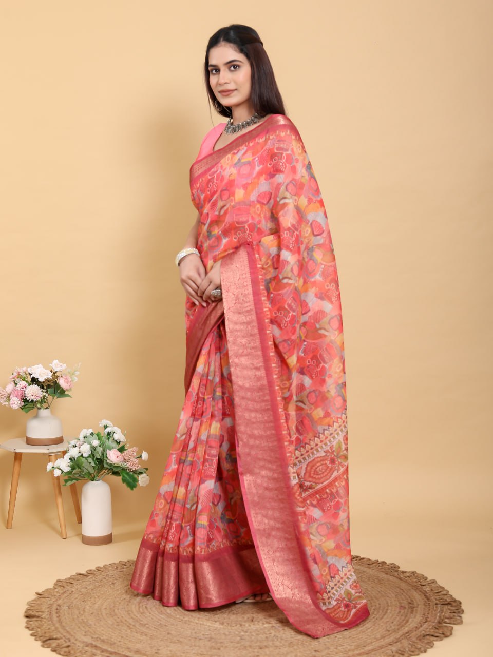 Bold Red Linen Cotton Saree | Folk Art & Geometric Jacquard Print ✨